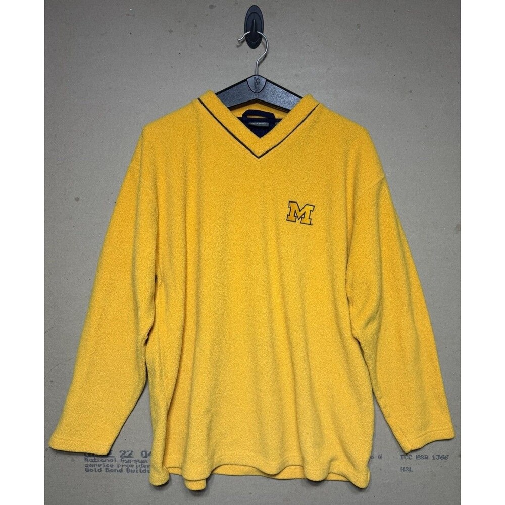Vintage Pro Edge Michigan Wolverines Fleece Pullover Mens Large Yellow V-Neck